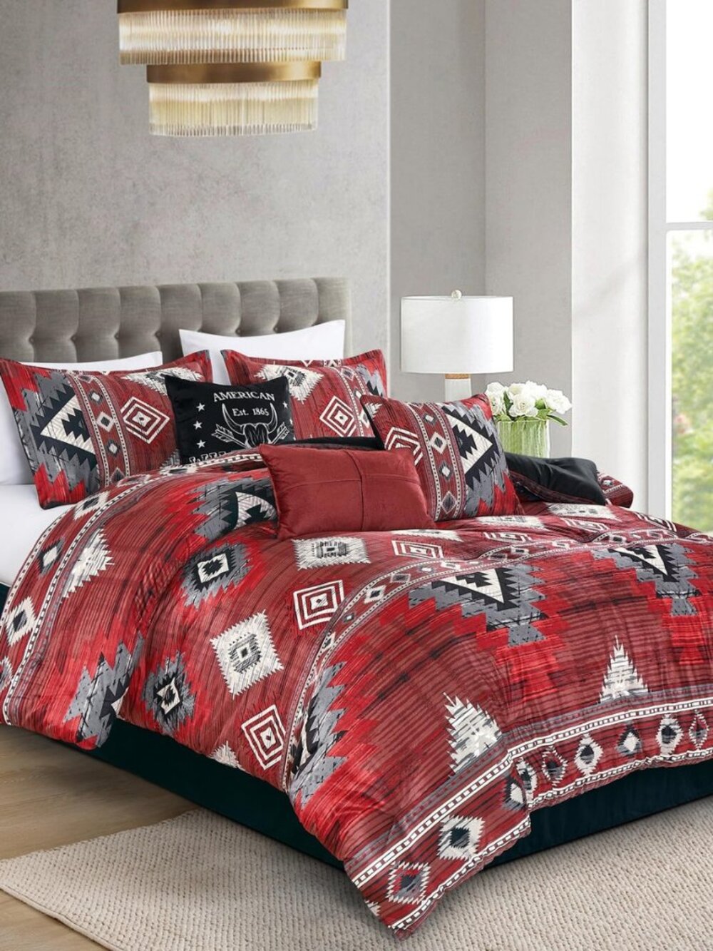 Burgundy Western Soft Velvet Comforter Set, 7 Piece Southwestern Bedding with